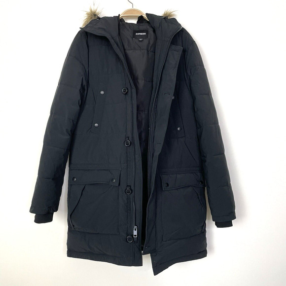 Express‎ Womens Puffer Coat Faux Fur Trim Hood Black Medium - Picture 3 of 11